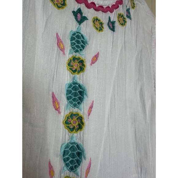 Simply Southern White Dress Pink Ric Rac Trim Pockets Embroidered Turtles Sz L - Picture 3 of 6